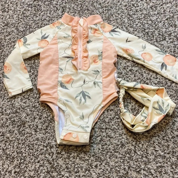 🆕 Jessica Simpson Pastel Floral Rashguard Swimsuit with Matching Headband - Picture 3 of 5